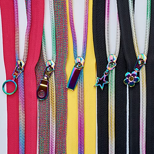 #5 Rainbow Zipper Tape by The Yard 5 Yards with 10Pcs Rainbow Zipper Pulls, Zippers Bulk Nylon Coil Colorful Teeth and 5 Metal Slider Pull Tab for Sewing DIY Tailor Craft -No Stops