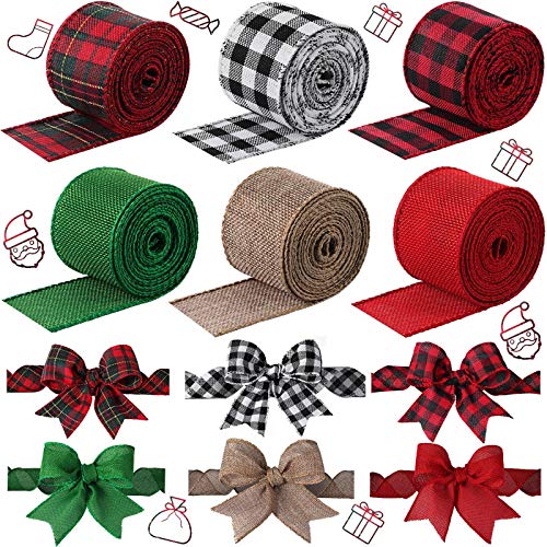 6 Rolls Christmas Wired Ribbons 2 Inch x 32 Yards Multi Color Buffalo Plaid Ribbon Wired Edge Ribbon for Christmas Thanksgiving DIY Wrapping Wedding Floral Bows Crafts (Vintage Plaid Style)