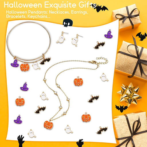 Morofme 34pcs Halloween Charms Pendants Assorted Gold Enamel Charms with Pumpkin Ghost Wizard Cap Bats for Jewelry Making DIY Necklace Bracelet Earring Keychain Mini Halloween Ornaments