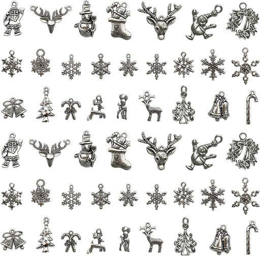 Christmas Charms Pendants- Christmas 50 Pcs Assorted Antique Silver Bracelet Charms for DIY Jewelry Making Winter Charms for Bracelet Accessories Necklaces Earrings Supplies Xmas Crafting