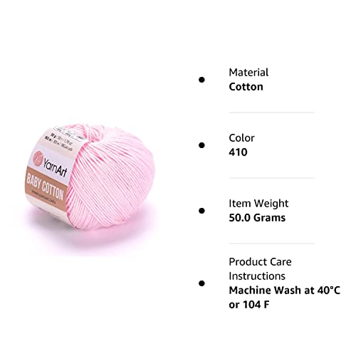YarnArt Baby Cotton - Knitting Yarn, Baby Yarn, Summer Yarn, Amigurumi Yarn, Soft Yarn, 50% Cotton Yarn, 50% Acrylic Yarn, 1.76 Oz, 180.44 Yds (1 Skein, 410)