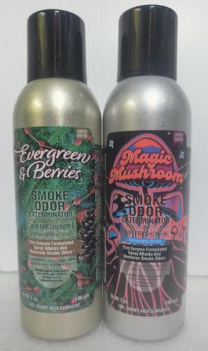 Smoke Odor Exterminator 198 gm/ 7 oz Large Spray Evergreen & Berries Set of Two Cans. Assortment (2) Includes Evergreen & Berries and Magic Mushroom.