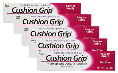 Cushion Grip Thermoplastic Denture Adhesive, 1 oz (Pack of 5) Makes Loose Dentures Fit Better and Stay in Place [Not a Glue Adhesive, Acts Like a Soft Reline]