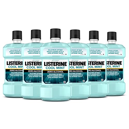 Listerine Mouthwash, Zero Alcohol, Germ Killing, Less Intense Formula, Bad Breath Treatment, Alcohol Free Mouth Wash for Adults; Cool Mint Flavor, 500 mL (Pack of 6)