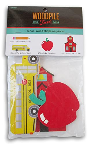 Craft Supply School Painted Wood Cutout Shapes - 4 Mini Pieces - Schoolhouse, Apple, Pencil, School Bus (1518851)