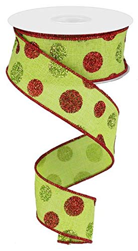 Craig Bachman 1.5" Multi Glitter Dots Ribbon: Lime/Red/Green (10 Yards) - Craft Floral Arrangement Gift Wrapping Wired Edge Ribbon