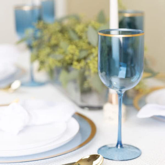 [12 Oz - 5 pk Blue] HomeyGear Plastic Blue W Gold Rim Goblets Wine Glasses BPA Free 12 Oz Disposable Elegant Drink Cups for Parties Wedding Receptions Fancy Reusable Tumblers for EZ CleanUp 5 Pack