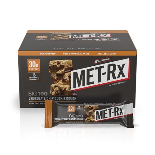 MET-Rx Big 100 Colossal Protein Bars, Chocolate Chip Cookie Dough Meal Replacement Bars, 9 Count (Pack of 1)