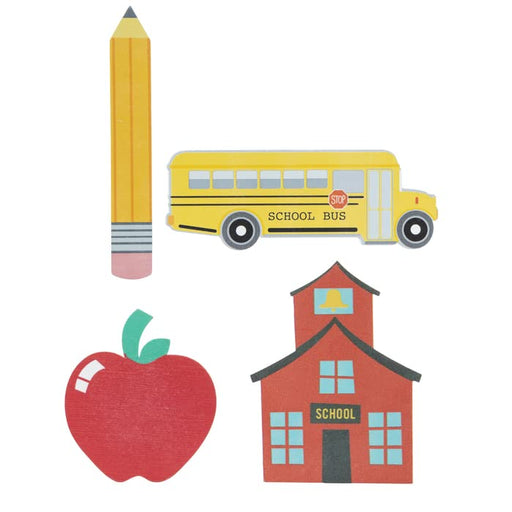 Craft Supply School Painted Wood Cutout Shapes - 4 Mini Pieces - Schoolhouse, Apple, Pencil, School Bus (1518851)