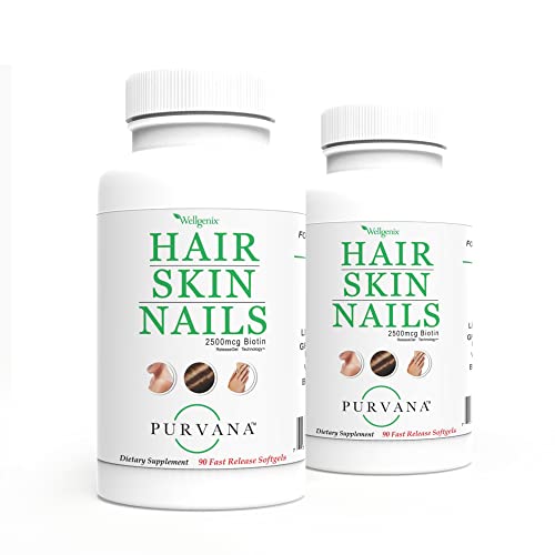 Wellgenix Purvana Hair, Skin, and Nails Vitamin Softgels for High Absorption - Double Strength 2500mcg Biotin, VIT A & B (90 Count) 2 Pack
