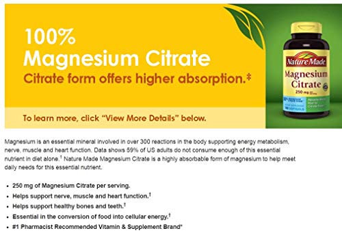 Nature Made Magnesium Citrate 250 mg Dietary Supplement (Netcount 180 Soft Gels), 180Count