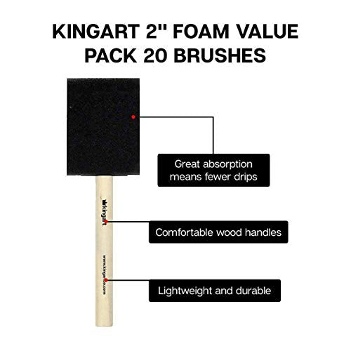 KINGART 242-20 Foam 20 Pc. Value Pack 2" Brush Set, Short Wood Handle, for Oil, Acrylic & Watercolor Paint, Great for Crafts, DIY Home Projects, Hobbies & Group Activities