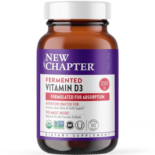 New Chapter Fermented Vitamin D3 2,000 IU, Organic, ONE Daily for Immune, Heart & Bone Support + Whole-Food Turmeric, Adaptogenic Reishi Mushroom, 100% Vegetarian, Gluten Free, 60 Count