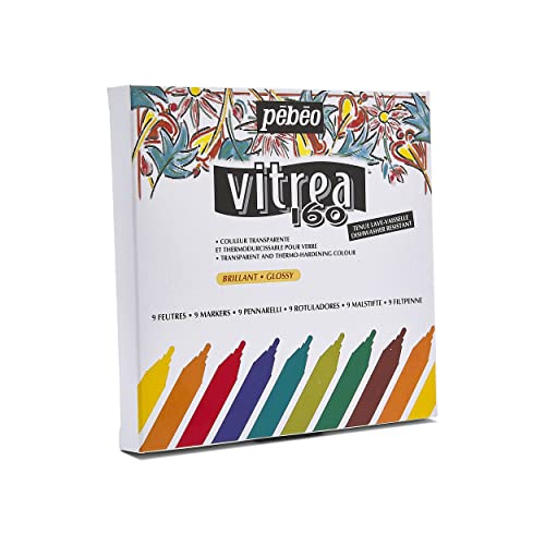 Pebeo Vitrea 160 Assorted Glossy Glass Paint Markers - Set of 9 Assorted Colors, DIY Arts and Crafts Painting Supplies, Microwave and Dishwasher Safe Formula (118100)
