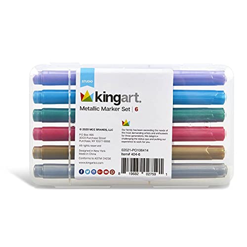 KINGART 6 Pc. Metallic Marker Set, Medium Tip, Set of 6 Brilliant Metallic Colors with Travel Storage Case