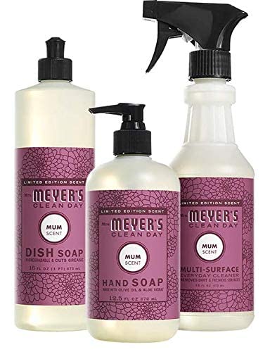 Mrs. Meyer's Kitchen Set, Dish Soap, Hand Soap, and Multi-Surface Cleaner, 3 CT (Mum)