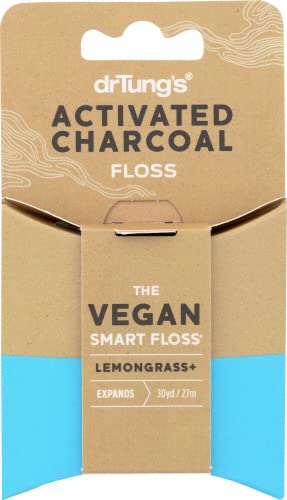 DrTung's Vegan Activated Charcoal Floss - Natural Floss, PTFE & PFAS Free Floss, Gentle on Gums, Expands & Stretches, BPA Free Floss - Natural Dental Floss Lemongrass Flavor (Pack of 6)