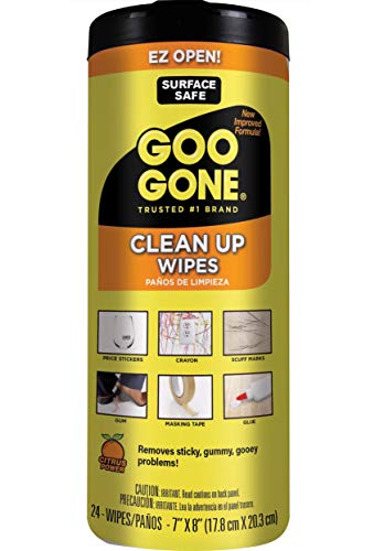 Goo Gone Clean Up Wipes Adhesive Remover - 24 Count - Removes Adhesive Residue Labels Stickers Crayon Tree Sap Gum Masking Tape Glue and More