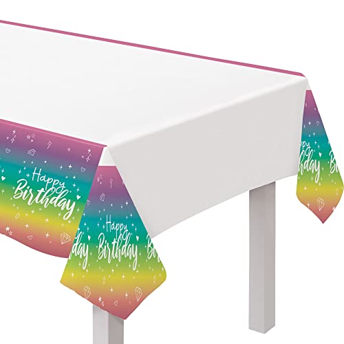 Sparkle Rainbow & White "Happy Birthday" Plastic Table Cover - 54" x 96" (1 Pc) - Perfect for Birthdays, Celebrations, and Themed Events