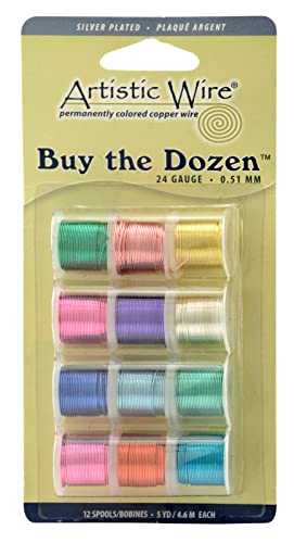 Artistic Wire, 24 Gauge / .51 mm Silver Plated Tarnish Resistant Colored Copper Craft Wire, Buy-The-Dozen, Assorted Colors, 5 yd / 4.5 m Each, 12 spools