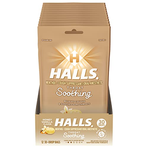HALLS Throat Soothing Honey Vanilla Cough Drops, 12 Bags of 30 Drops (360 Total Drops)
