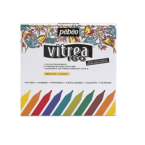 Pebeo Vitrea 160 Assorted Glossy Glass Paint Markers - Set of 9 Assorted Colors, DIY Arts and Crafts Painting Supplies, Microwave and Dishwasher Safe Formula (118100)