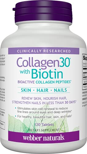 Webber Naturals Collagen30 with Biotin, 2,500 mg of Bioactive Collagen Peptides with 5,000 mcg of Biotin Per Serving, 120 Tablets, For Advanced Nourishment of Skin, Hair and Nails, Dairy & Gluten Free