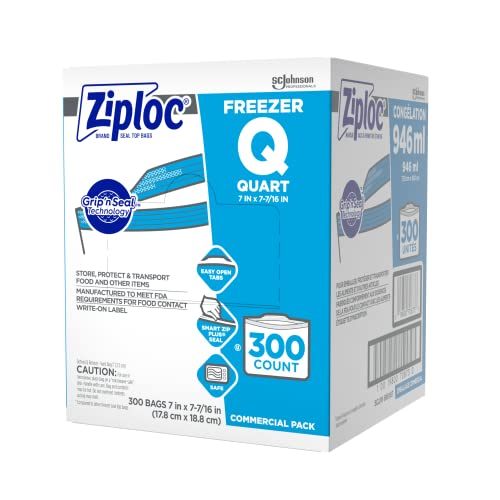 Ziploc 696187 Double Zipper Freezer Bags, 1qt, 2.7mil, 7 x 7 3/4, Clear w/Label, 300/Carton