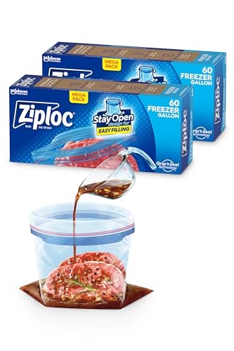 Ziploc Gallon Food Storage Freezer Bags, New Stay Open Design with Stand-Up Bottom, Easy to Fill, 60 Count (Pack of 2)
