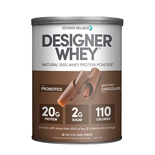 Designer Wellness Designer Whey Natural 100% Whey Protein Powder with Probiotics , Fiber, and Key B-Vitamins for Energy, Gluten-free, Non-GMO, Gourmet Chocolate 12 oz