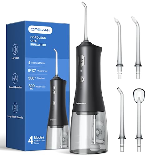 Operan Water Flossers for Teeth Cleaning Upgraded 300ml Cordless Water Flosser Portable Rechargeable Oral Irrigator with 4 Modes 4 Jet Tips IPX7 Waterproof Water Dental Flosser for Home Travel (Black)