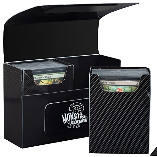 Monster Protectors Double Deck Box- Magnetic Locking Dual Trading Card Game Storage Case w Removable Compartments- Holds 150 cards- Fits all Standard and Smaller Size MTG and TCGs - Black