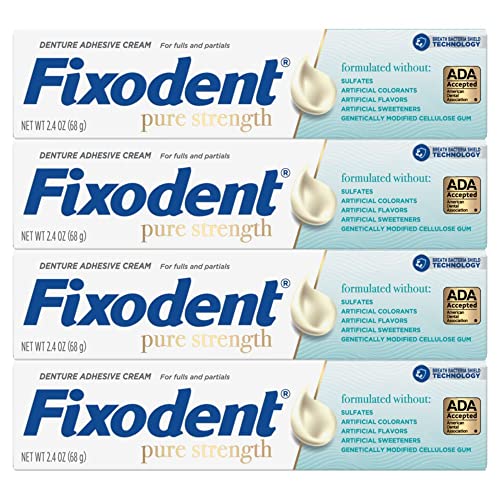 Fixodent Pure Strength Secure Denture Adhesive Cream for Full and Partial Denture Wearers, 2.4oz (Pack of 4)