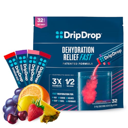 DripDrop Hydration - Electrolyte Powder Packets - Grape, Fruit Punch, Strawberry Lemonade, Cherry - 32 Count