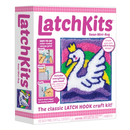 LatchKits Latch Hook Kit for Wall Hangings & Mini-Rugs - Swan - Craft Kit with Easy, Color-Coded Canvas, Pre-Cut Yarn & Latch Hook Tool - Perfect DIY Craft for Kids - Ages 6 and Up, Small