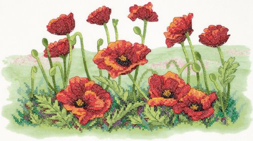Dimensions 'Field of Poppies' Stamped Cross Stitch Kit, 16'' W x 10'' H, Green,Red,White