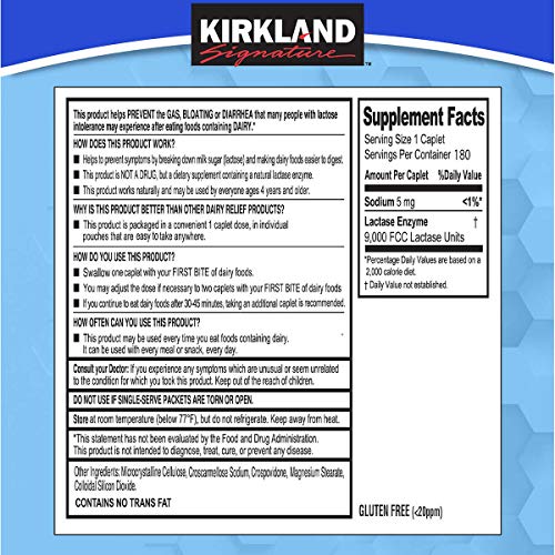 Kirkland Signature Fast Acting Lactase Natural Dairy Digestive Supplement, 180-Count Caplets