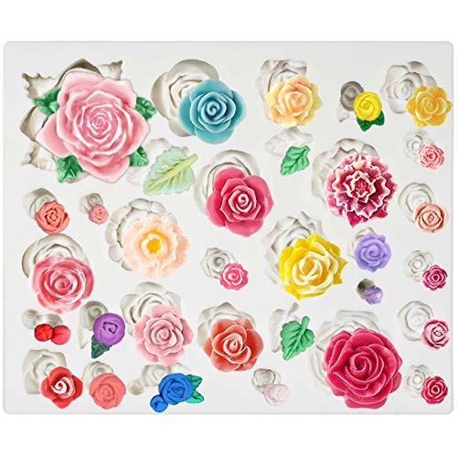 Funshowcase 32 Cavity Roses Flower Fondant Candy Silicone Mold for Sugarcraft Cake Decoration, Cupcake Topper, Polymer Clay, Soap Wax Making, Resin Jewelry Casting Crafting Projects
