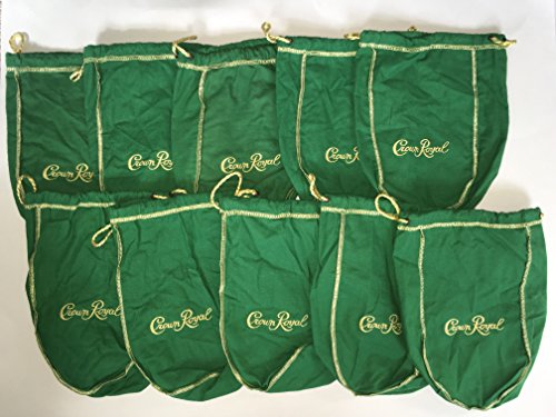 Pack of 10 Green Crown Royal Bags w/Gold Drawstrings from 1 Liter Bottles (9 inch x 5.5 inch) for Gift Bags, Carrying Card Games or Dice Bulk Fabric for quilting sewing or crafts (10)