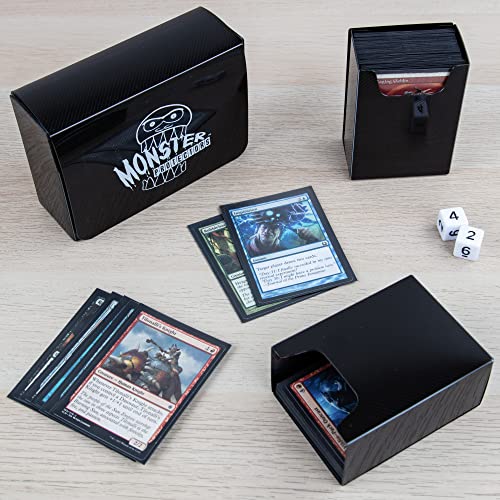 Monster Protectors Double Deck Box- Magnetic Locking Dual Trading Card Game Storage Case w Removable Compartments- Holds 150 cards- Fits all Standard and Smaller Size MTG and TCGs - Black