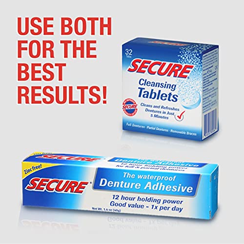 Secure Waterproof Denture Adhesive - Zinc Free - Extra Strong Hold For Upper, Lower or Partials - 1.4 oz (Pack of 8)