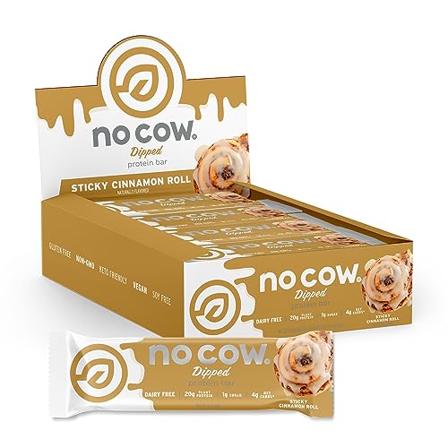 No Cow Dipped High Protein Bars, Sticky Cinnamon Roll, 20g Plant Based Protein, Keto Friendly, Low Carb, Low Sugar, Dairy Free, Gluten Free, Vegan, High Fiber, Non-GMO, 12 Count