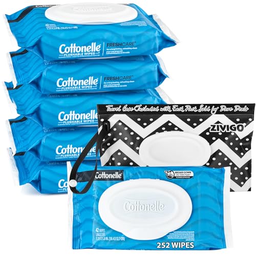 6 cottonelle Flushable Wet Wipes for Adult, Flip-Top Packs 42 Ct, Bundle with Zivigo Travel Case Resealable and Refillable with Strap