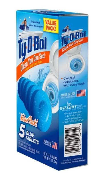 Ty-D-Bol Blue Tablets Value 5 Pack, Cleans and Deodorizer Toilets for a Fresh Smelling Bathroom (Pack of 5)