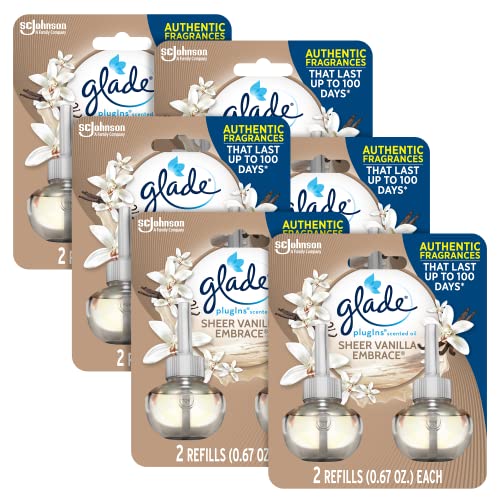 Glade PlugIns Refills Air Freshener, Scented and Essential Oils for Home and Bathroom, Sheer Vanilla Embrace, 1.34 Oz, 12 Count