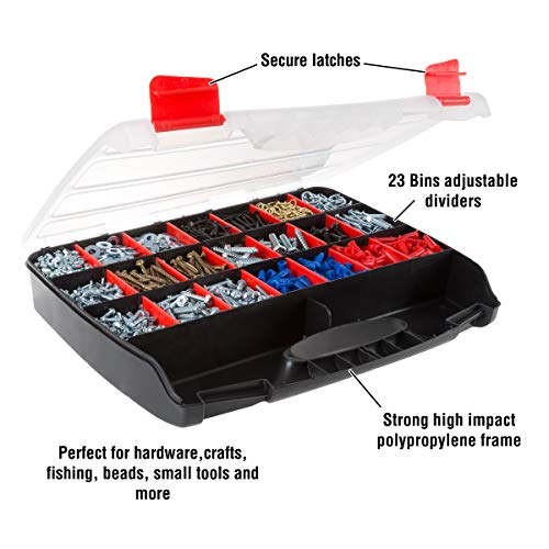 Stalwart Portable Storage Case- Secure Locks & 23 Compartments with Removable Dividers for Hardware, Screws, Bolts, Nails, Beads, Jewelry & More