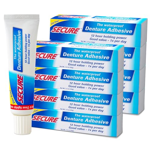 Secure Waterproof Denture Adhesive - Zinc Free - Extra Strong Hold For Upper, Lower or Partials - 1.4 oz (Pack of 8)