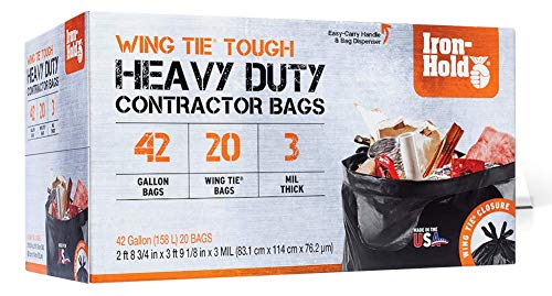 Iron-Hold - 42 Gallon Trash Bags, 3 Mil Contractor Bags - Wing Tie, 20ct - Heavy Duty, Industrial Strength, Construction Bags, Black (Pack of 20)