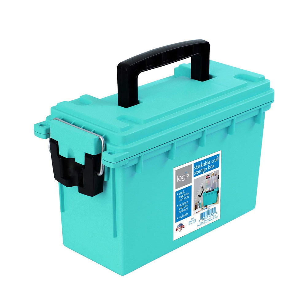 Logix 12533 Stackable Craft Storage Box with Handle, Locking Art Supply Box, Plastic Storage Containers with Lids, Craft Organizer Box, Teal
