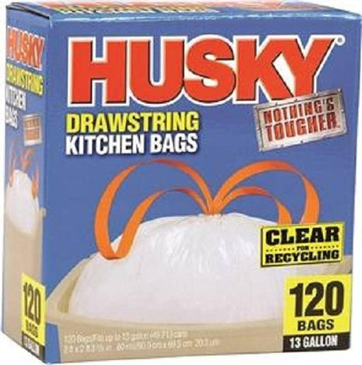 Poly-America (120-Count ) Husky 13 Gallon Nothing's Tougher Drawstring Clear Kitchen Bags .8 Mil. Thickness One-by-One Dispensing (HK13DS120C)
